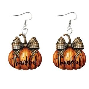 Thankful Pumpkin‎ Earrings with Gingham Bow Fall Autumn Thanksgiving New
